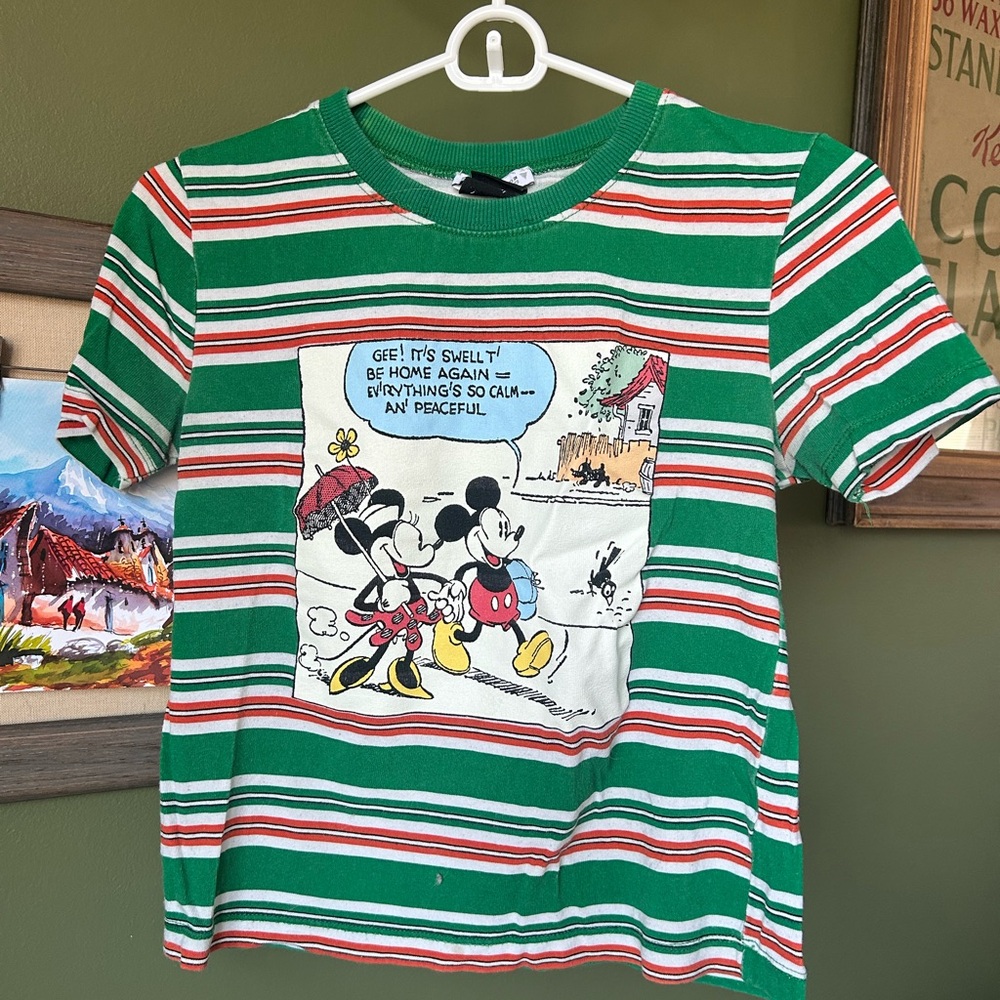 Zara Green Striped Mickey Mouse Kids Tee
